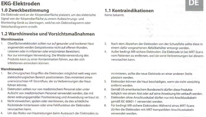 Warnhinweise Ambu EKG-Elektroden